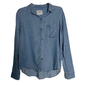 Rails Ingrid Raw Edge Denim Shirt Womens Small Chambray Button Up Lyocell Linen